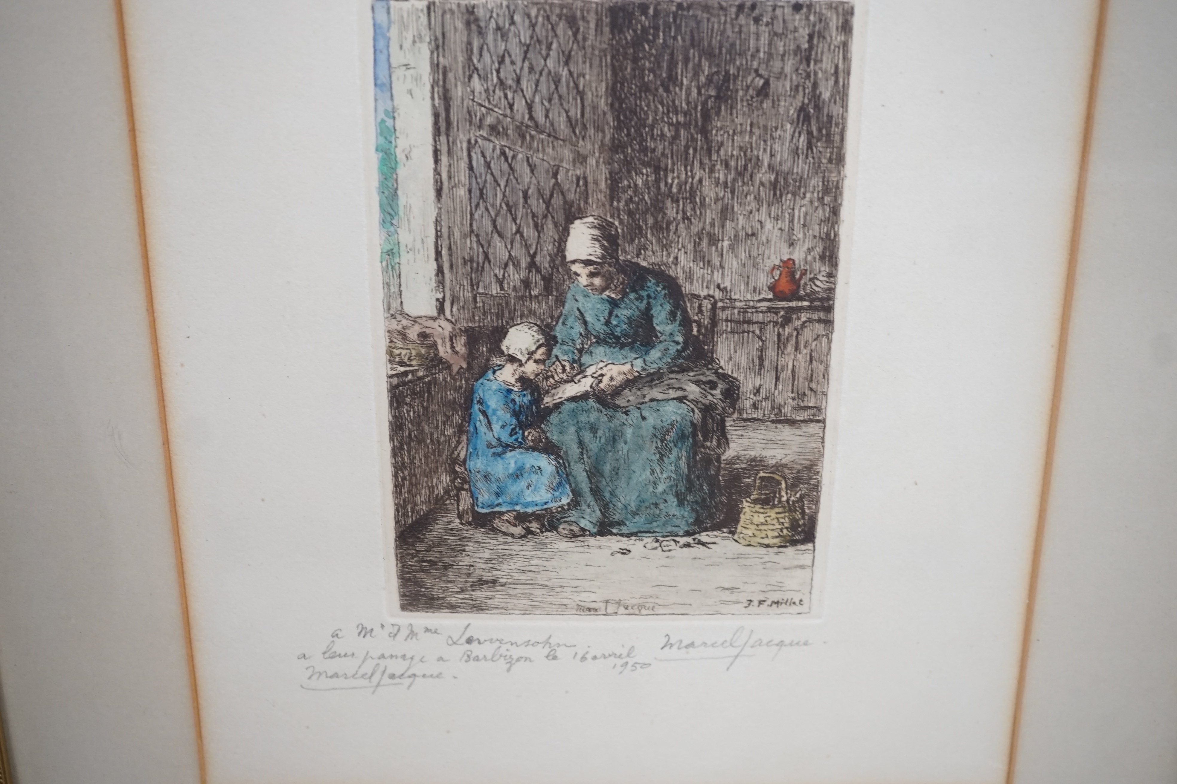 After Hans Holbein, two colour prints, 'Judge More Sr' and 'Mother Iak', an engraving of Frederick II and J.F. Millet, coloured etching, Mother and child, 14 x 10cm